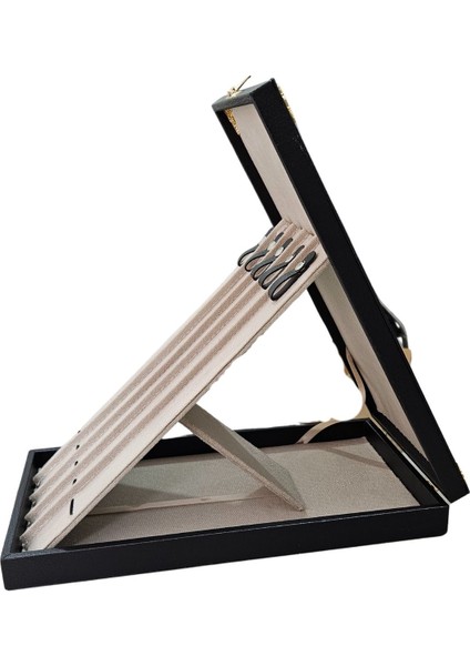 5'li Tesbih Standlı Ahşap Kasa, Siyah Deri, 18X35 cm