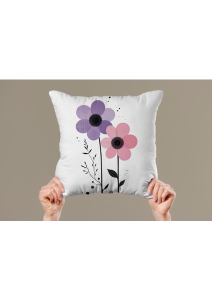 Cbt Pembe Lila Çiçekli Dekoratif Yastık - Kırlent Kılıfı