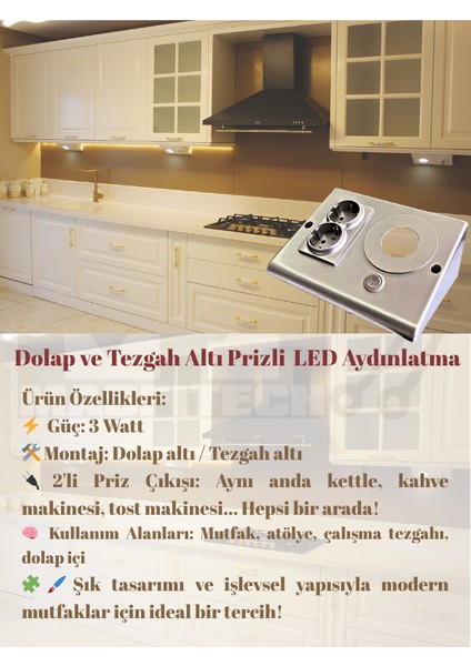 Dolap & Tezgah Altı Prizli Aydınlatma 3 Watt (Gün Işığı 4000K)