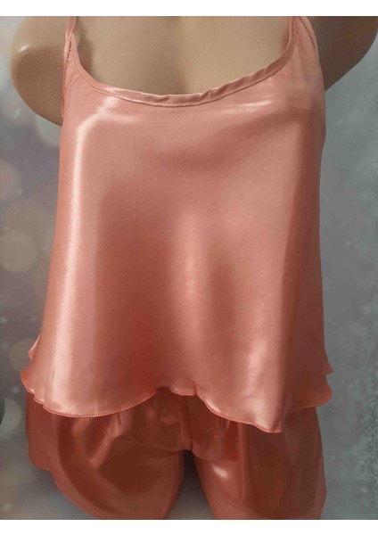 Koyu Somon Renginde Ip Askılı Düz Saten Üst ve Beli Lastikli Mini Şort Kadın Takım fiyatları