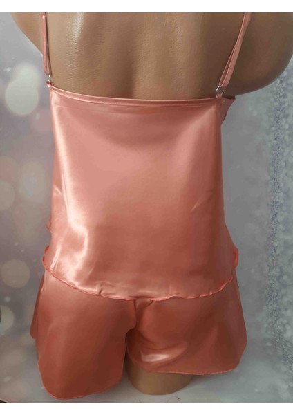 Koyu Somon Renginde Ip Askılı Düz Saten Üst ve Beli Lastikli Mini Şort Kadın Takım modelleri