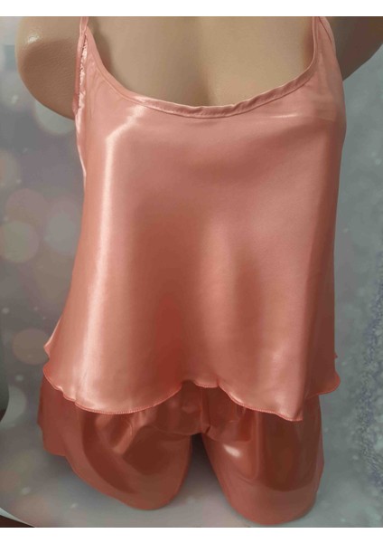 Koyu Somon Renginde Ip Askılı Düz Saten Üst ve Beli Lastikli Mini Şort Kadın Takım fırsatları