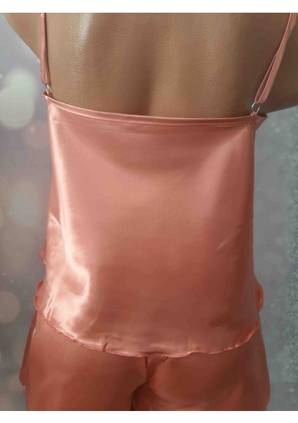 Koyu Somon Renginde Ip Askılı Düz Saten Üst ve Beli Lastikli Mini Şort Kadın Takım indirimleri