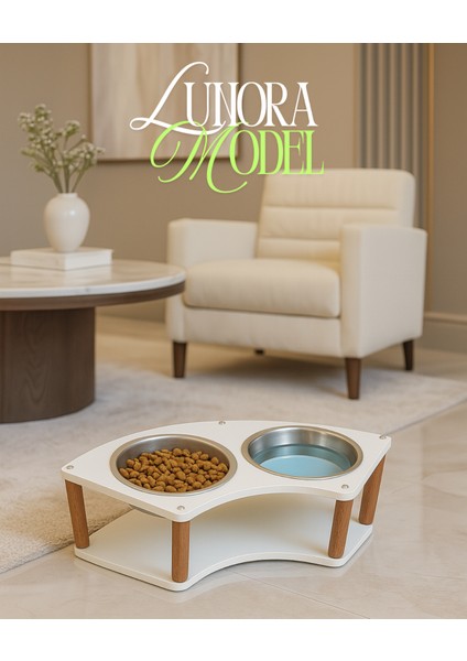 Modern Ahşap Demonte Kedi Köpek Mama Standı – 2'li Paslanmaz Çelik Kaseli Mama ve Su Standı Lunora Model