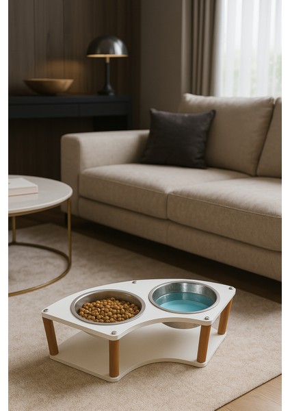 Modern Ahşap Demonte Kedi Köpek Mama Standı – 2'li Paslanmaz Çelik Kaseli Mama ve Su Standı Lunora Model fiyatları