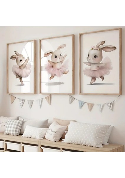 Doğal Ahşap Çerçeveli Uv Baskı 3'lü Tavşan Temalı Duvar Dekoru - Modern Şık Çocuk Odası Tablo Seti