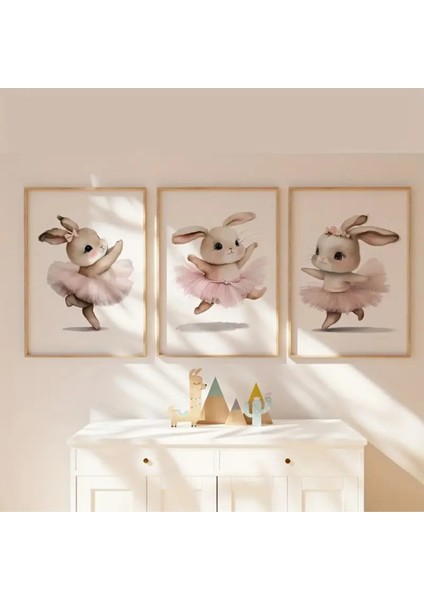 Doğal Ahşap Çerçeveli Uv Baskı 3'lü Tavşan Temalı Duvar Dekoru - Modern Şık Çocuk Odası Tablo Seti fiyatları