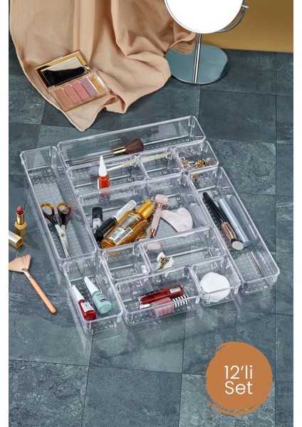 12 Parça Ayarlanabilir Çekmece Içi Düzenleyici Makyaj ve Takı Organizeri Şeffaf