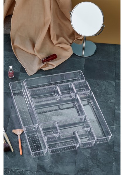 12 Parça Ayarlanabilir Çekmece Içi Düzenleyici Makyaj ve Takı Organizeri Şeffaf modelleri