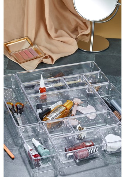 12 Parça Ayarlanabilir Çekmece Içi Düzenleyici Makyaj ve Takı Organizeri Şeffaf fırsatları