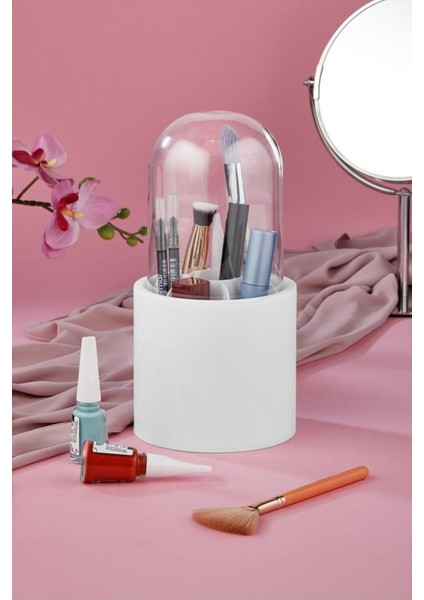 Beyaz 7 Bölmeli Şeffaf Koruma Kapaklı Makyaj Fırçası ve Kozmetik Düzenleyici