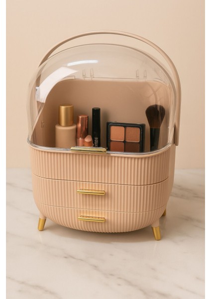 3 Katlı Şeffaf Kubbeli Makyaj Organizeri, Bej, Kapaklı, Çekmeceli Düzenleyici