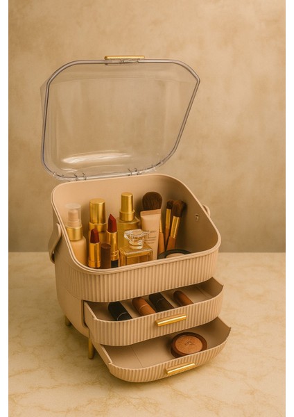 3 Katlı Şeffaf Kubbeli Makyaj Organizeri, Bej, Kapaklı, Çekmeceli Düzenleyici modelleri