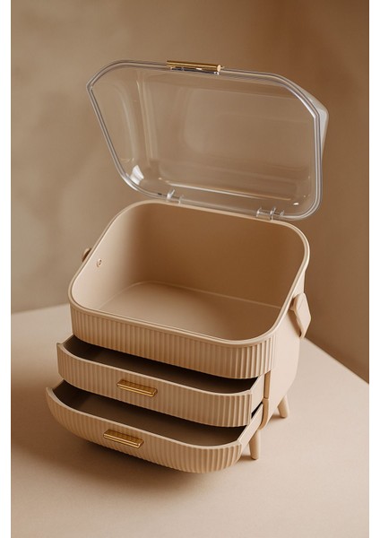 3 Katlı Şeffaf Kubbeli Makyaj Organizeri, Bej, Kapaklı, Çekmeceli Düzenleyici fırsatları