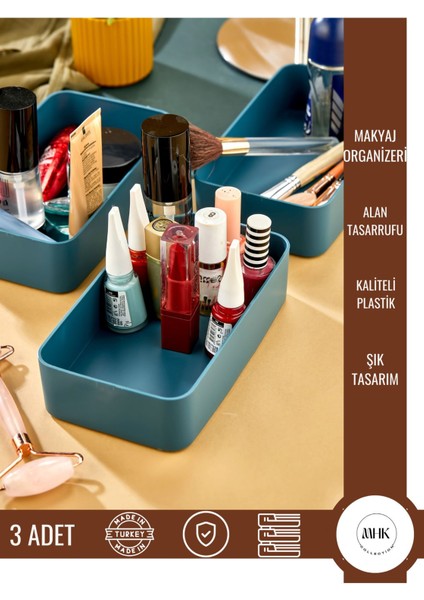 Turkuaz Renkli Makyaj Düzenleyici 3'lü Set, Şık ve Kullanışlı Tasarım
