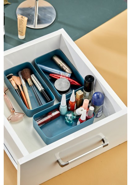 Turkuaz Renkli Makyaj Düzenleyici 3'lü Set, Şık ve Kullanışlı Tasarım