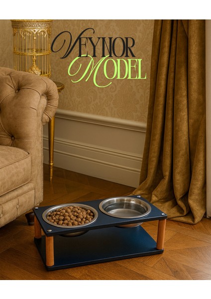 Modern Ahşap Demonte Kedi Köpek Mama Standı – 2'li Paslanmaz Çelik Kaseli Mama ve Su Standı Veynor Model