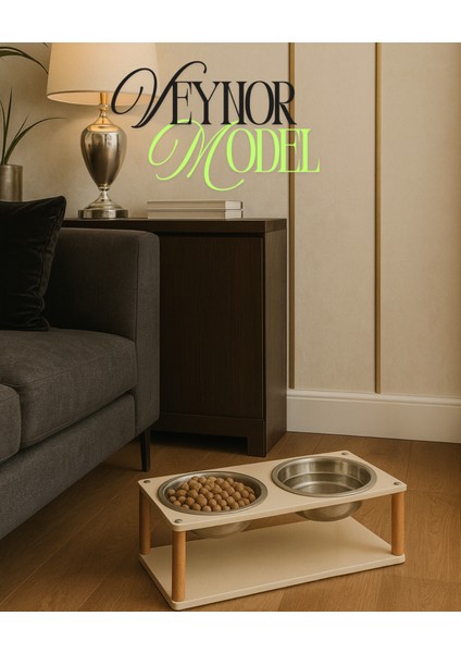 Modern Ahşap Demonte Kedi Köpek Mama Standı – 2'li Paslanmaz Çelik Kaseli Mama ve Su Standı Veynor Model