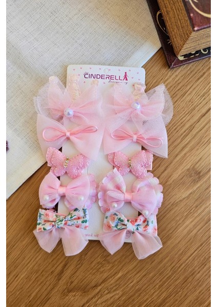 10'lu Pembe Kız Bebek Pens Toka Seti Kelebekli Fiyonk Kurdele Inci Tüllü Klips Çocuk Saç Tokası