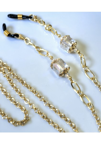 Gözlük Zinciri Altın kaplama zincirli Küp Kristal Taşlı Gözlük Askısı