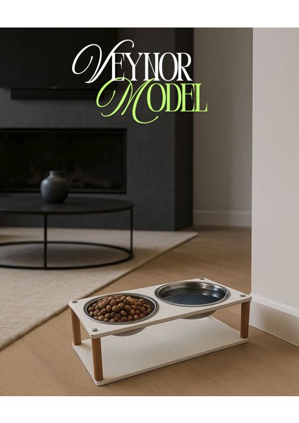 Modern Ahşap Demonte Kedi Köpek Mama Standı – 2'li Paslanmaz Çelik Kaseli Mama ve Su Standı Veynor Model