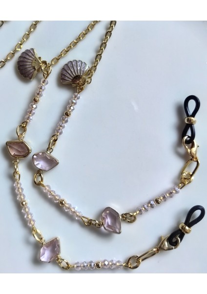 Gözlük Zinciri Altın Kaplama Zincirli Kristal Taşlı Midye Figürlü Gözlük Askısı