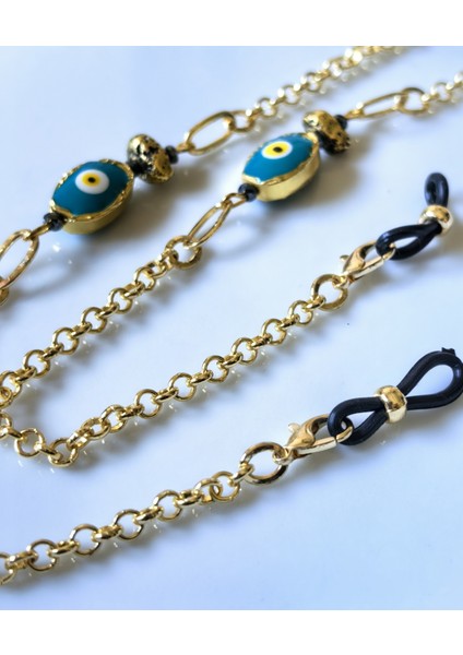 Gözlük Zinciri Turkuaz Rengi Nazar Boncuklu Altın Kaplama Zincirli