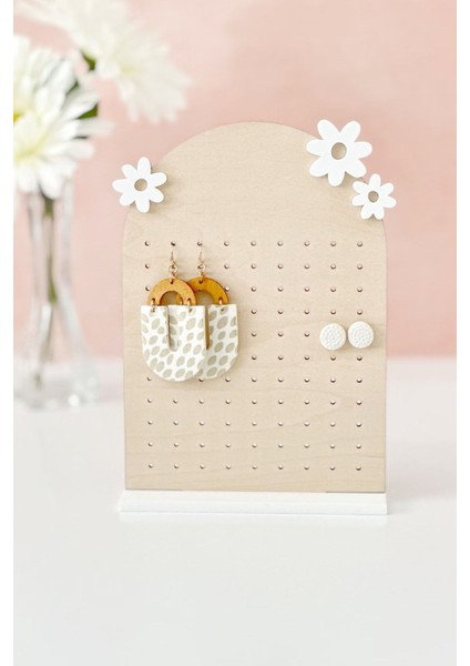 Kahverengi Ahşap Papatya Temalı Takı Düzenleyici Küpe Askısı