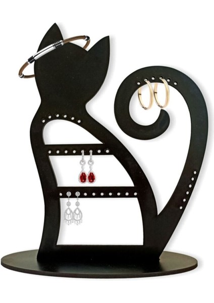 Kedili Siyah Takı Küpe Standı, Şık ve Kullanışlı Dekoratif Aksesuar