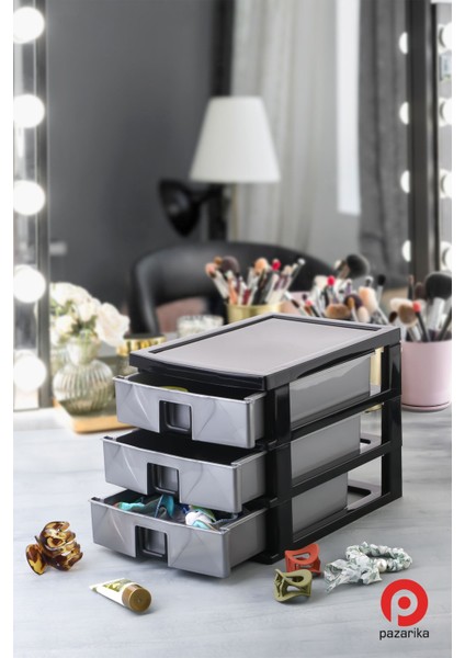 3'lü Çok Amaçlı Düzenleyici, Ofis ve Makyaj Çekmecesi, Gri Renk