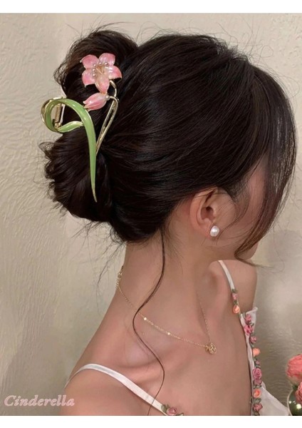 Çiçek ve Yaprak Tasarım Incili Metal Mandal Toka Gold - Zarif Kadın Mandallı Saç Topuz Tokası