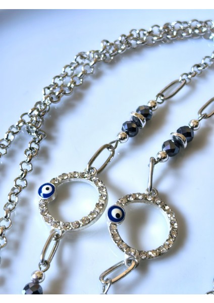 Gözlük Zinciri Gümüş Rengi Zirkon Taşlı Nazar Boncuk