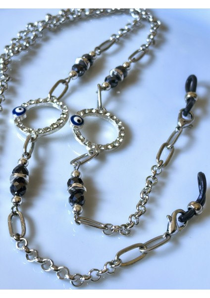 Gözlük Zinciri Gümüş Rengi Zirkon Taşlı Nazar Boncuk fiyatları