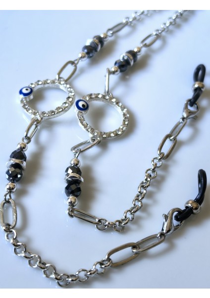 Gözlük Zinciri Gümüş Rengi Zirkon Taşlı Nazar Boncuk modelleri