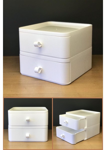 Iki Katlı Beyaz Masaüstü Organizer, Takı ve Aksesuar Saklama Kutusu