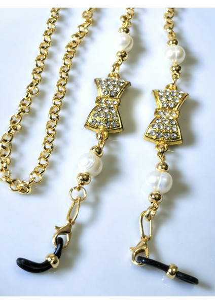 Bayan Gözlük Zinciri Gerçek Inci Boncuklu Zirkon Taşlı Kurdela Figürlü Gözlük Zinciri