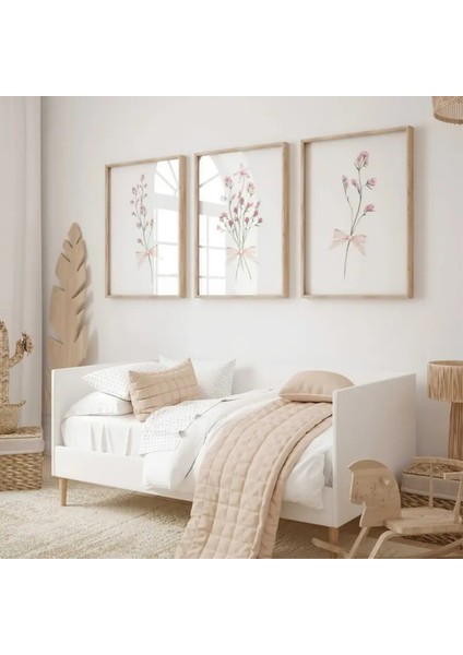 Doğal Ahşap Çerçeveli Uv Baskı 3'lü Pembe Çiçekli Tablo Seti – Modern & Şık Duvar Dekoru