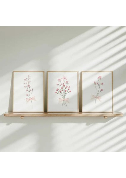 Doğal Ahşap Çerçeveli Uv Baskı 3'lü Pembe Çiçekli Tablo Seti – Modern & Şık Duvar Dekoru fiyatları