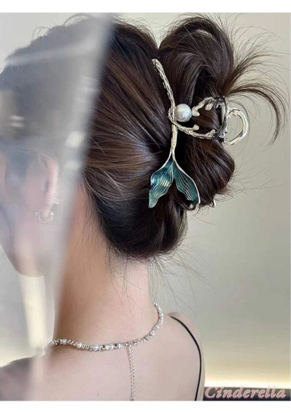 Zarif Incili Deniz Kızı Balık Kuyruğu Model Büyük Metal Mandal Toka - Gür Saç Mandallı Topuz Tokası