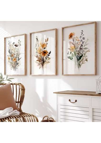 Doğal Ahşap Çerçeveli Uv Baskı 3'lü Çiçek Buketi Tablo Seti – Modern & Şık Duvar Dekoru