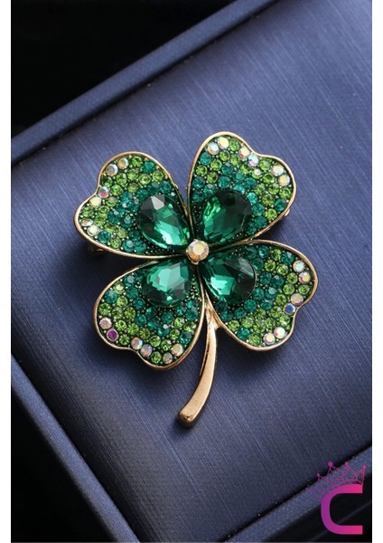 Zarif Çiçekli Kristal Taşlı Yeşil Yonca Tasarım Kadın Broş - Hediyelik Elbise Yaka Iğnesi Broşu