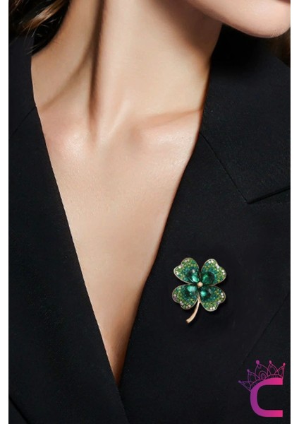 Zarif Çiçekli Kristal Taşlı Yeşil Yonca Tasarım Kadın Broş - Hediyelik Elbise Yaka Iğnesi Broşu fiyatları