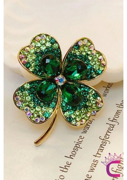 Zarif Çiçekli Kristal Taşlı Yeşil Yonca Tasarım Kadın Broş - Hediyelik Elbise Yaka Iğnesi Broşu modelleri