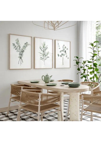 Doğal Ahşap Çerçeveli Uv Baskı 3'lü Yeşil Yapraklar Tablo Seti – Modern & Şık Duvar Dekoru