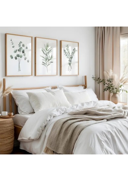Doğal Ahşap Çerçeveli Uv Baskı 3'lü Yeşil Yapraklar Tablo Seti – Modern & Şık Duvar Dekoru fiyatları
