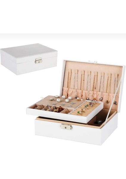 Beyaz Deri ve Kadife Içli 2 Katlı Kilitli Takı ve Mücevher Saklama Kutusu