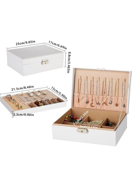 Beyaz Deri ve Kadife Içli 2 Katlı Kilitli Takı ve Mücevher Saklama Kutusu fiyatları