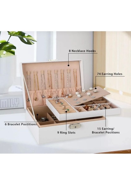 Beyaz Deri ve Kadife Içli 2 Katlı Kilitli Takı ve Mücevher Saklama Kutusu modelleri