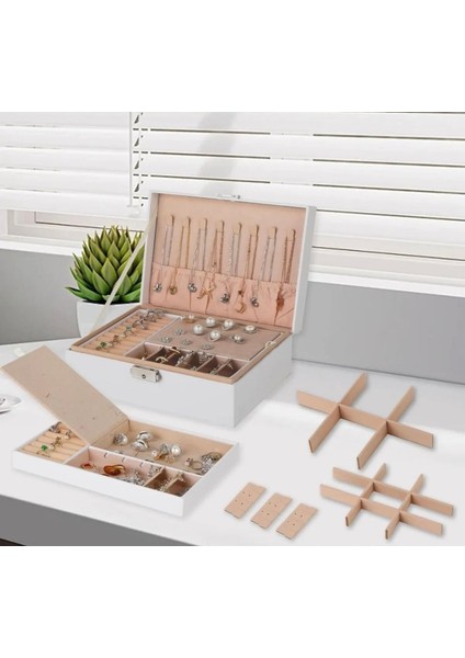 Beyaz Deri ve Kadife Içli 2 Katlı Kilitli Takı ve Mücevher Saklama Kutusu fırsatları