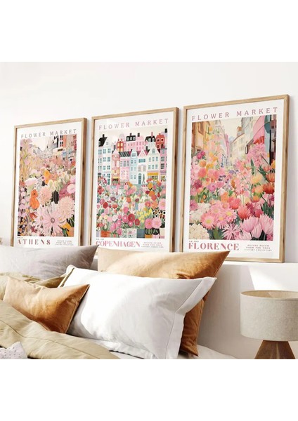 Doğal Ahşap Çerçeveli Uv Baskı 3'lü Renkli Şehir ve Çiçekler Tablo Seti – Modern & Şık Duvar Dekoru